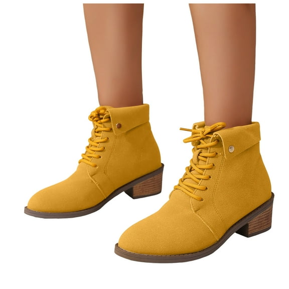 Suede Fold Over Ankle Boots for Women Lace up Stacked Heel Casual Fall Winter Dressy Work Short Booties