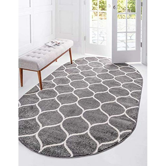 Unique Loom Trellis Frieze Collection Lattice Moroccan Geometric Modern Oval Rug, 4 x 6 Feet, Dark Gray/Ivory