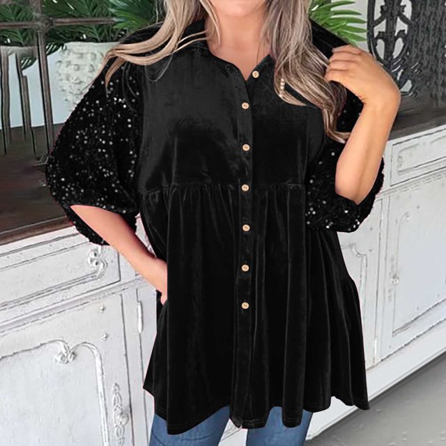 Qertyioot Chemises Mini en Velours pour Femmes à Boutons Décontractées Manches Bouffantes 3/4 Hauts Patchwork à Paillettes