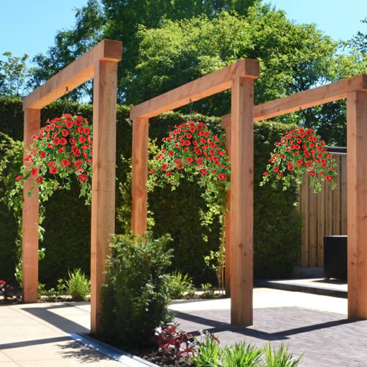 Artificial Hanging Flowers in Basket Outdoor Indoor Patio Garden Decor, Faux Flower Centerpieces,Fake Silk Hanging Basket Morning Glories Flowers Plants with Cane Weaves Flowerpot (Red)