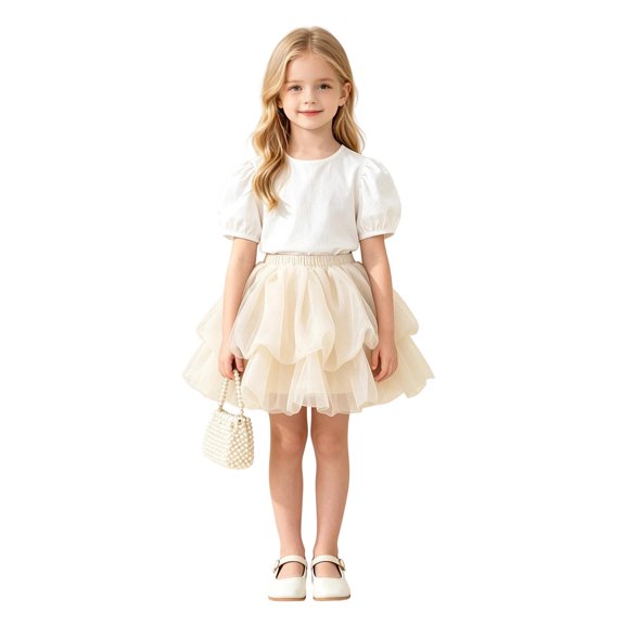 Fgnfyis Carnival Skirts for Girls Multicolor Summer Tiered Tutu Skirt Ballerina Princess Fairy Cake Flowy Partywear Beige 7-8 Years