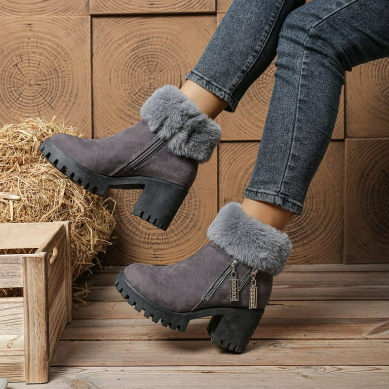 warm winter dress boots womens Womens Snow Boots Casual Warm Plush Suede Furry Lined Zip up Dress Winter  Short Booties Lug Sole Chunky Mid Heel Ankle Boots Gray Size 6.5