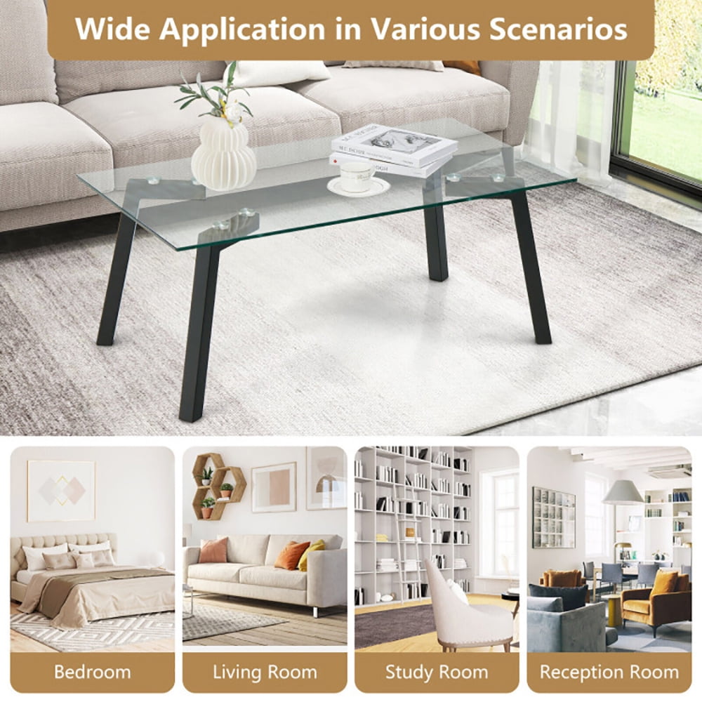 Finihen Coffee Table, Glass Coffee Table, Modern Tempered Glass Coffee Table with Metal Frame, for Living Room, Reception Room, Black Finihen Coffee Table, Glass Coffee Table, Modern Tempered Glass Coffee Table with Metal Frame, for Living Room, Reception Room, Black