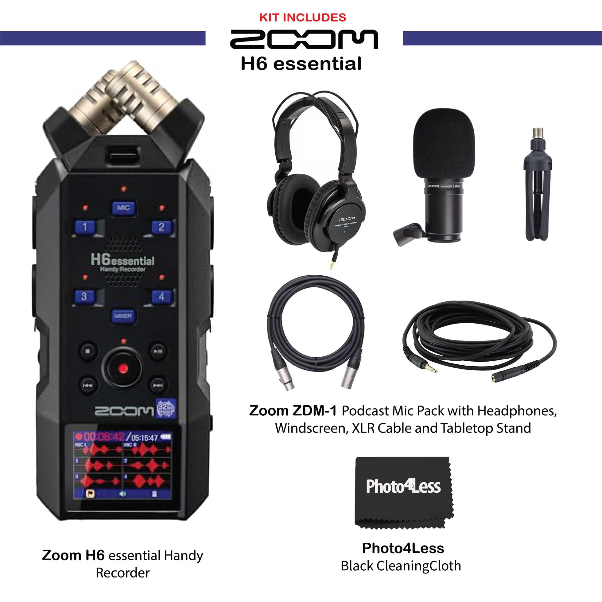 Zoom H6essential 6-Track 32-Bit Float Portable Audio Recorder Bundle With Zoom ZDM-1 Podcast Mic Pack with Headphones, Windscreen, XLR Cable and Tabletop Stand