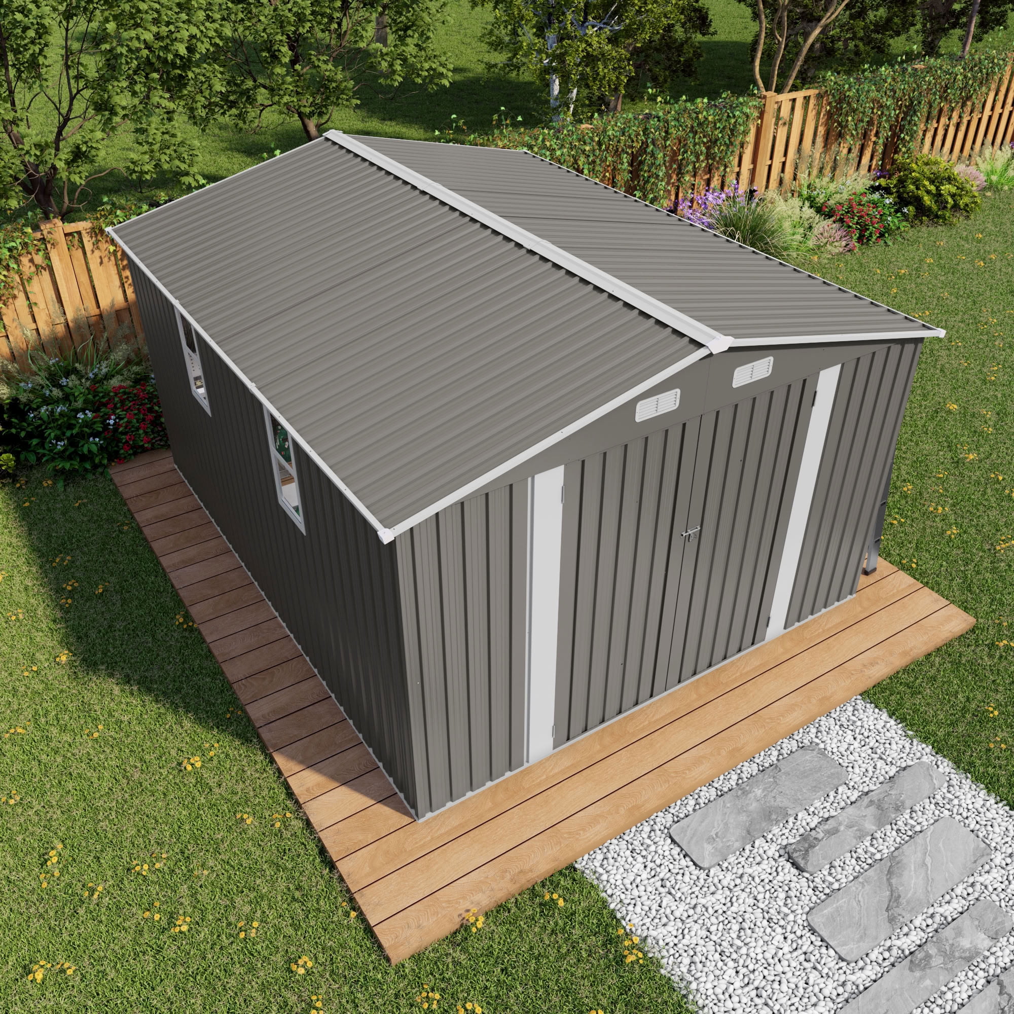 MAYEERTY 10x12 FT Large Metal Outdoor Storage Shed, Galvanized Steel Garden Shed with Lockable Double Doors, Two Windows & Waterproof Roof, for Backyard