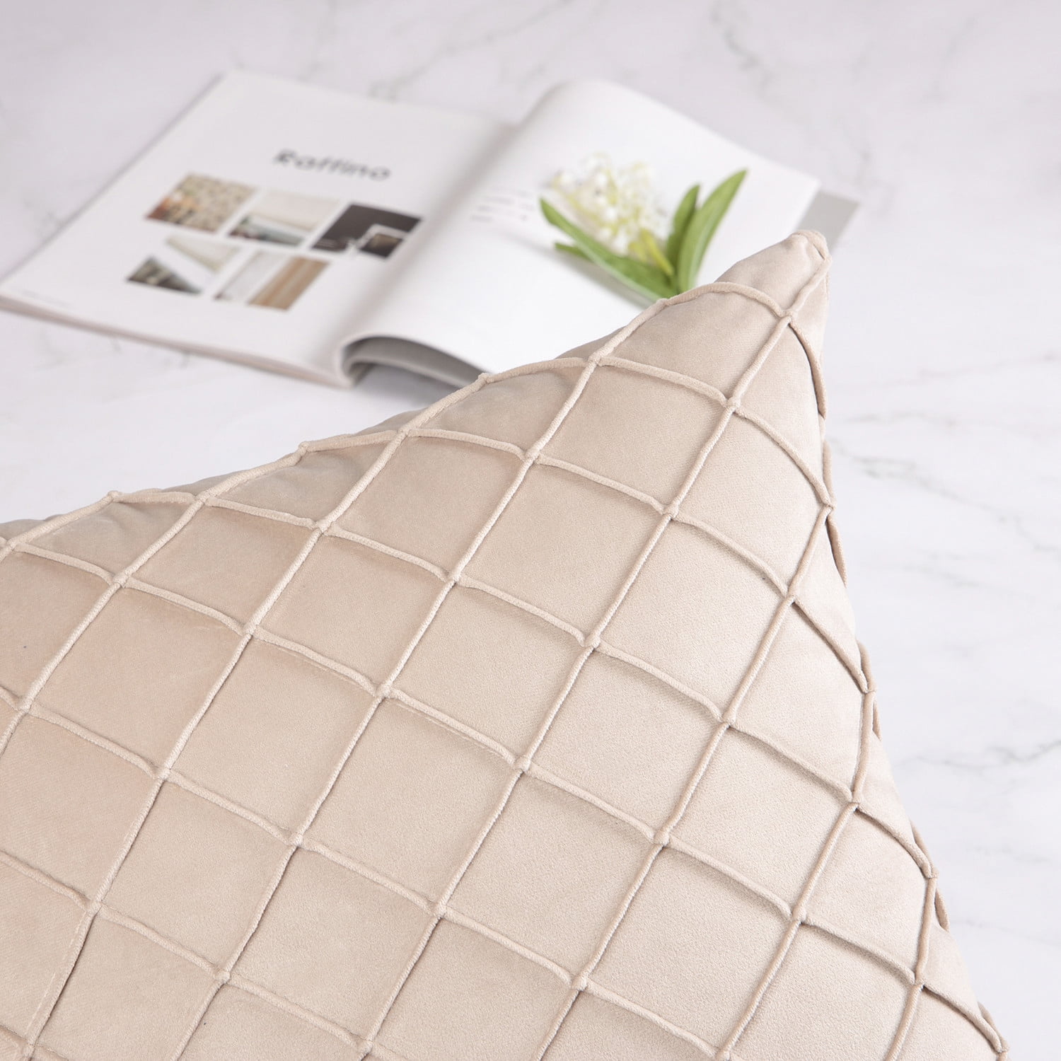Phantoscope Pleated Velvet Pillow Covers, 18x18 Inch Set of 2, Square Decorative Throw Pillow Cases for Couch & Bed, Luxury Soft Cushion Covers, Beige