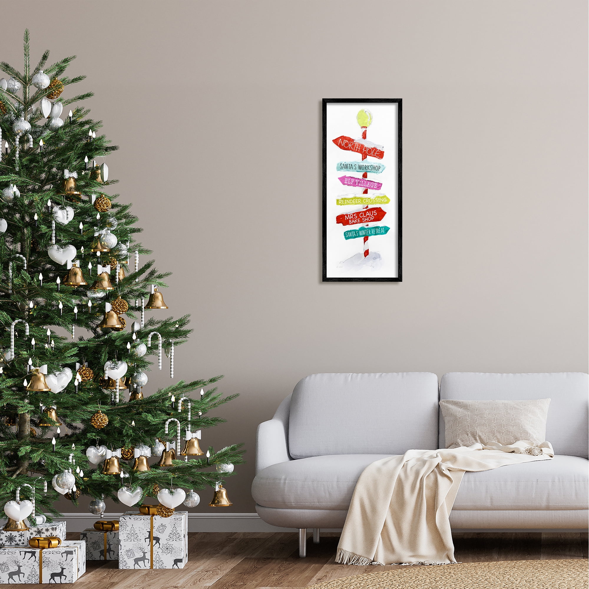 Stupell Industries Holiday Directional Sign Holiday Painting Black Framed Art Print Wall Art, 13 x 30