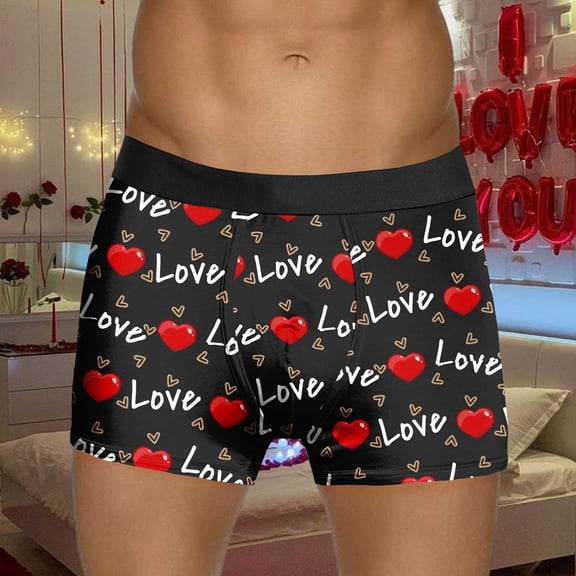 Men's Boxer Briefs Valentine's Day Heart Print Fashion Stretch Ventilate Cotton Underwear Elastic Waistband Soft Comfortable Trunks Black L
