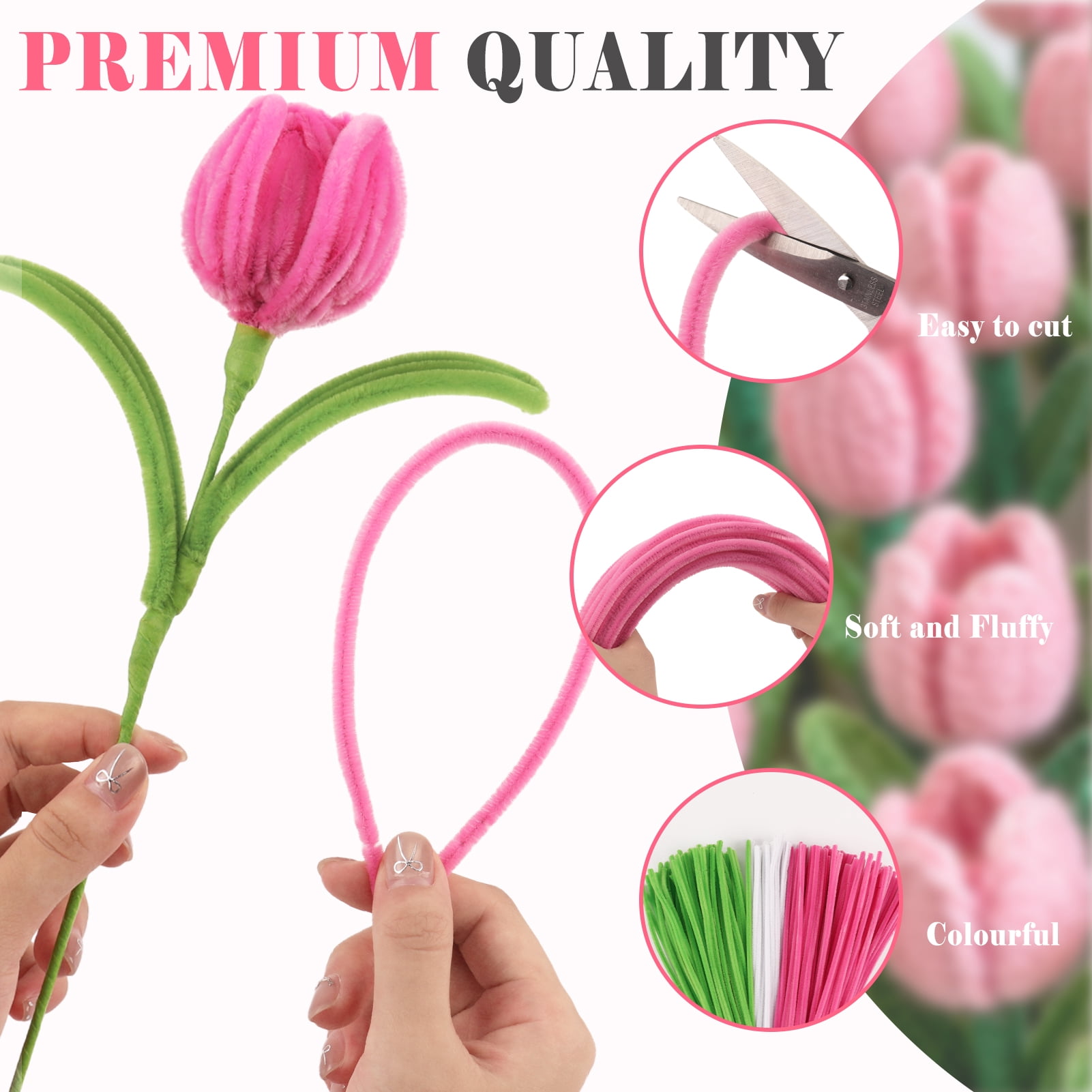 CandWuom Pink Green Pipe Cleaners Flower Kit for Graduation Gifts, Chenille Stems for Pipe Cleaner Tulip Flowers Bouquets Making