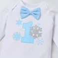 thumbnail image 4 of IBTOM CASTLE Toddler Baby Boy Winter Snowflake 1st Birthday Outfits Set Long Sleeve Romper Long Pants Suspenders Crown Fall Winter Clothes for Cake Smash Photo Props 1 Year Blue & 4pcs, 4 of 8