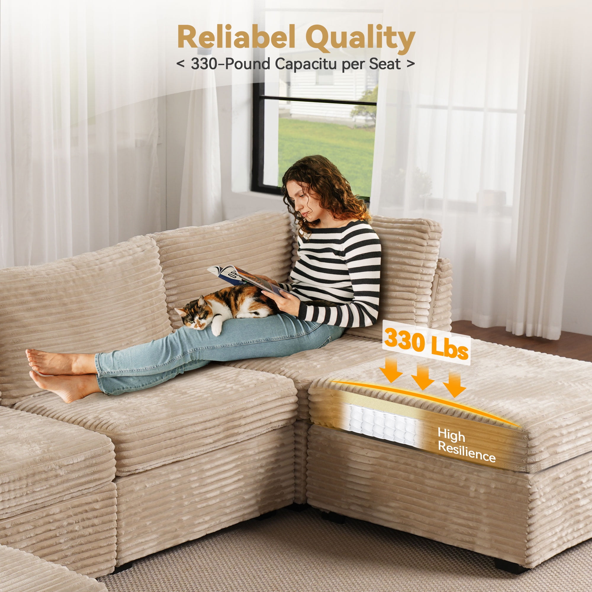 Vcatnet Modular Sectional Sofa Couch Corduroy L Shaped Oversized Modern Minimalist Couch with Deep Seat and Ottoman for Living Room, 5 Seat, Beige