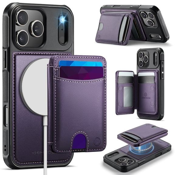 Poweltek Magnetic Detachable Wallet Card Holder Phone Case For iPhone 17 Pro Max with RFID Blocking, Shockproof Compatible with MagSafe Accessory PU Leather Protective Cover, Purple