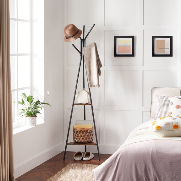 VASAGLE Freestanding Coat Rack with 2 Shelves, Industrial Style Hall Tree for Clothes, Hats, Bags