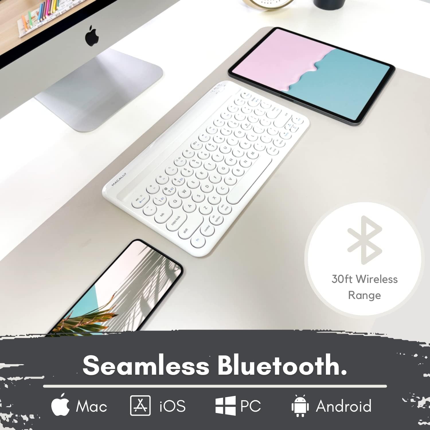 Macally Compact Portable Bluetooth Keyboard with Stand, 78-Key Wireless Keyboard for iPhone, iPad, Android, Tablet