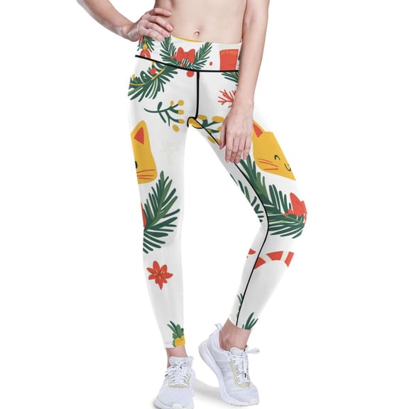 Ckdifva Christmas Cats Leaves Gifts Yoga Pants with Pockets for Women Workout Athletic Yoga Leggings