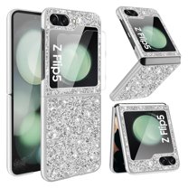 Dteck for Samsung Galaxy Z Flip 5 Case with Small Screen Protector, Z Flip 5 Glitter Case for Women Girls, Ultra Slim Plating Bumper Bling Shockproof Protective Cover for Samsung Galaxy Z Flip5,Silver