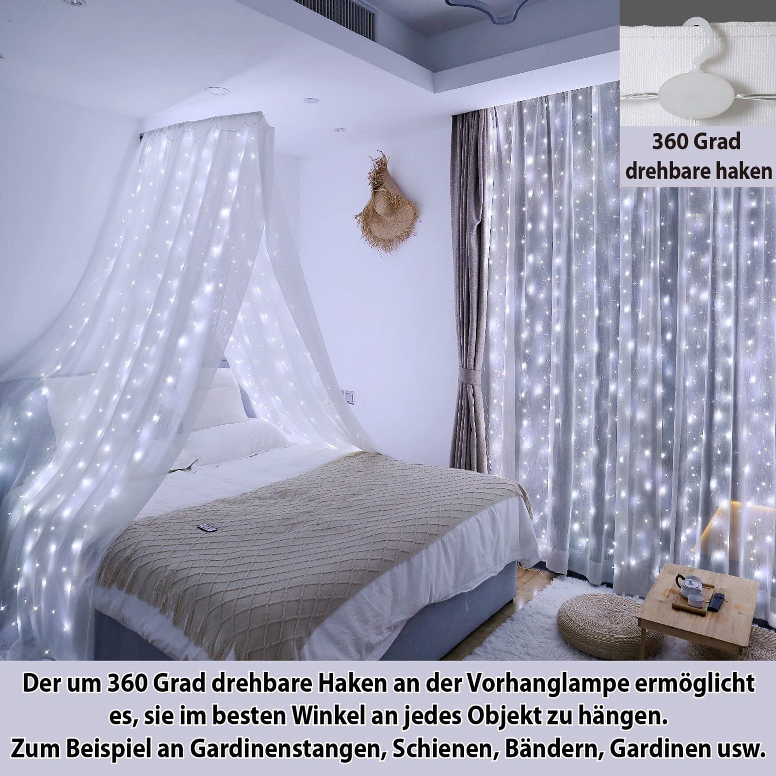 Bemona 300 LED Light Curtain 9.84ft X 9.84ft USB Lights Curtain With 8 Modes Remote Control Adjustable Brightness Bedroom Window Indoor Outdoor