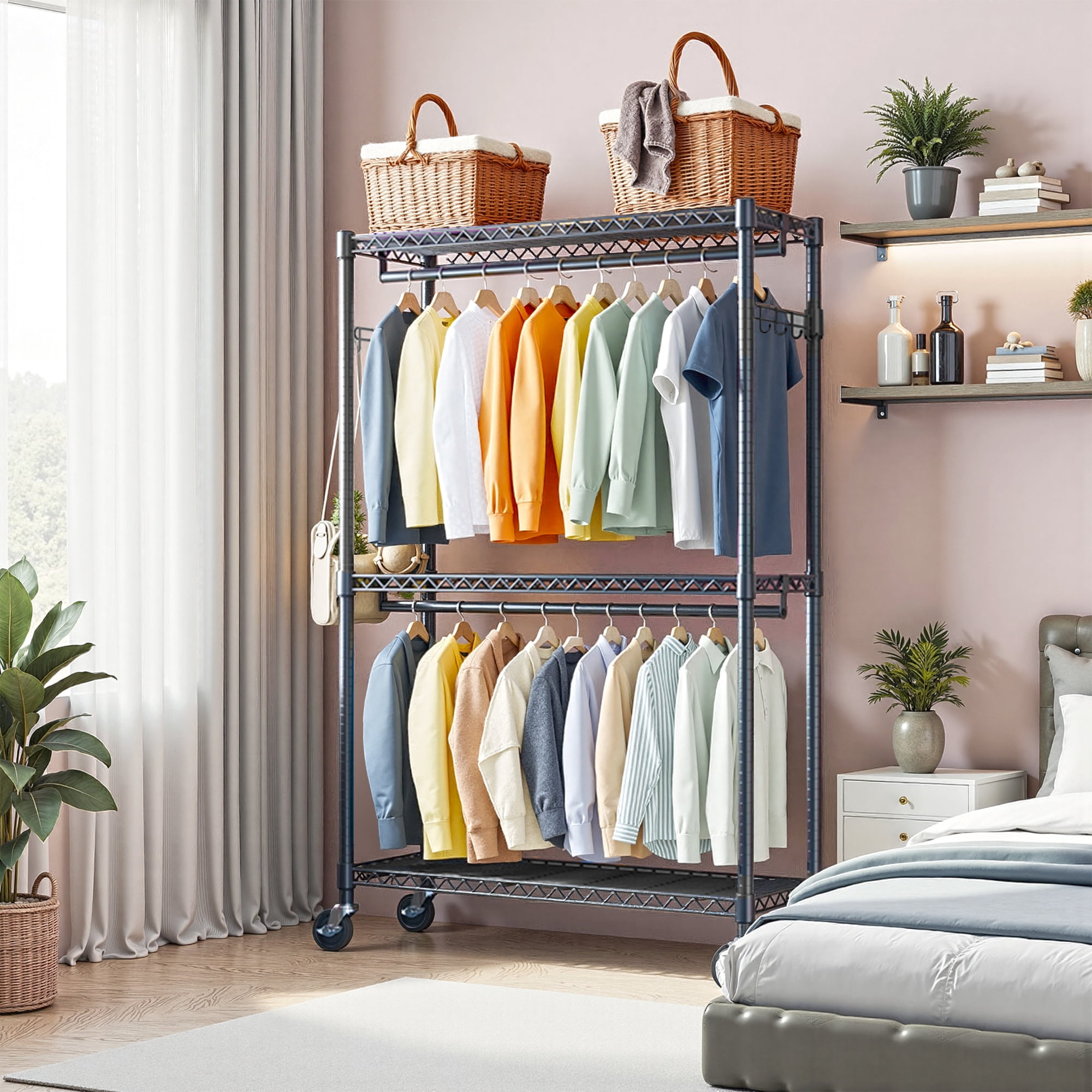 Leumius 3 Tiers Heavy Duty Rolling Garment Rack, Adjustable Wire Shelving Clothes Rack with 2 Rods and Side Hooks,Storage Closet Clothing Rack with Wheels for Laundry Room Bedroom Cloakroom Black