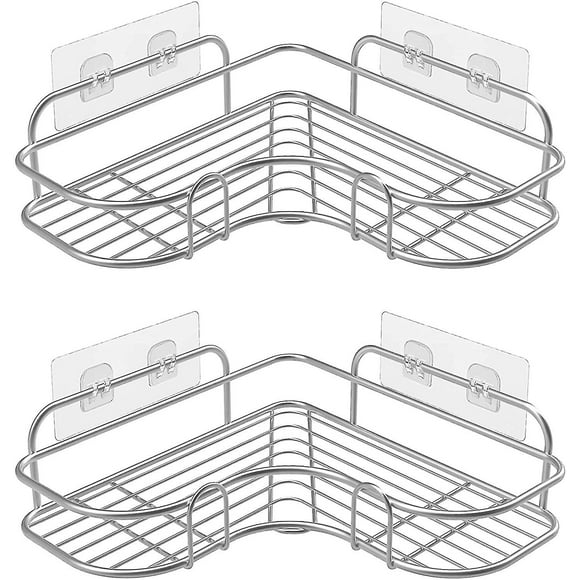 Shower Corner Shelves No Drilling, Stainless Steel Bathroom Storage Shelf With 2 Self Adhesive Hooks, Wall Mounted Shower Caddy Organiser Shelves