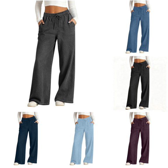 QTSHPN Womens Pants High Waist Wide Leg Stretch Fashion Jeans with Pockets Elastic Waistband Loose Fit Straight Long Denim Trousers Pants for Women Grey S