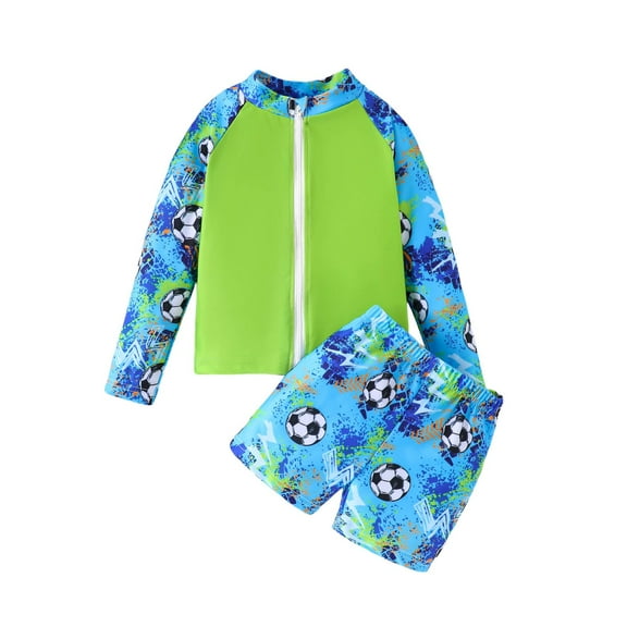 lnmuld Boys Long Sleeve Zip Up Rash Guard and Swim Trunks Set with Dinosaur Football Print Two Piece Swimwear Outfit for Kids Size:7-8 Years