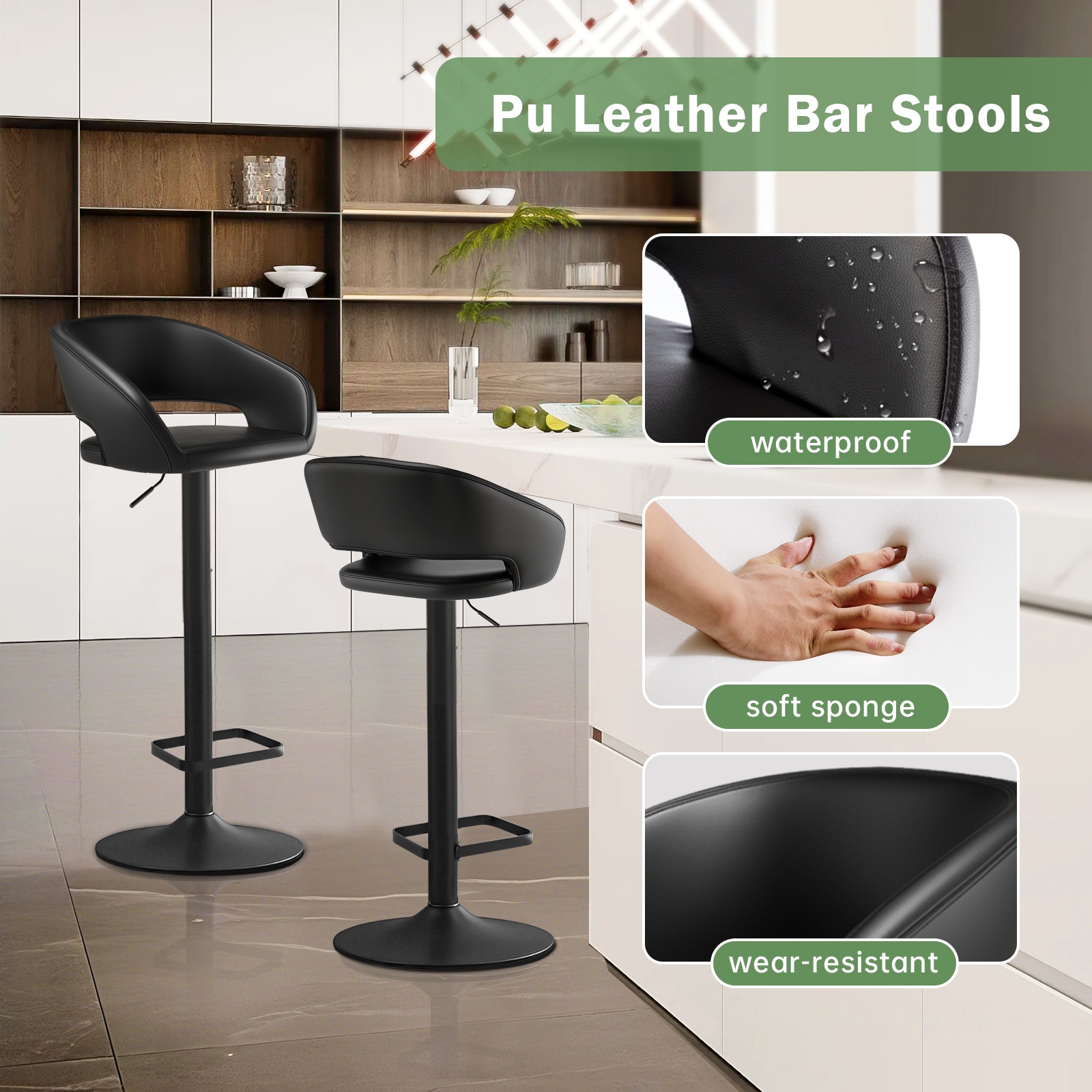 Modern Adjustable Bar Stools with PU Leather Seat, 360° Swivel Open Mid Back & Armrest Bar Stool– Ideal for Kitchen , Bar, Café, Counter Seating, Black