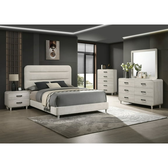 Contemporary 6pc King Upholstered Bed Dresser Mirror Chest 2x Nightstand White