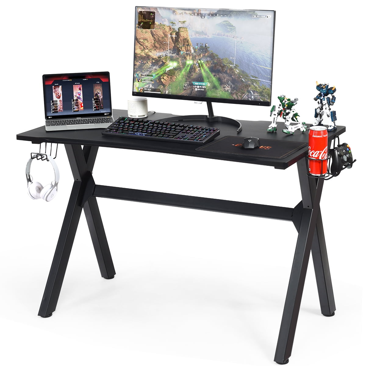 Gaming Desk Racing Style 47 Inch Computer Table with Cup Holder & Headphone Hook 