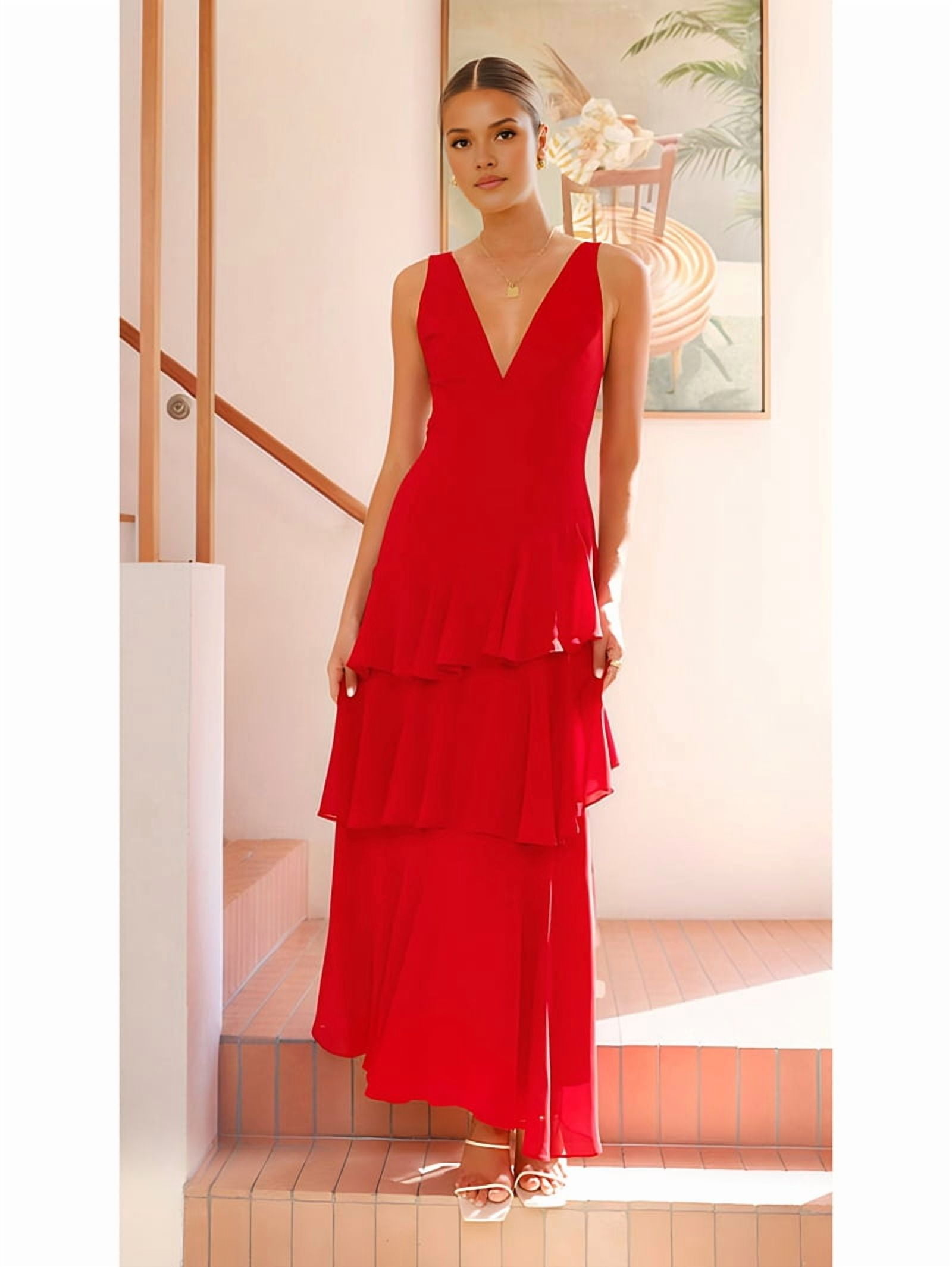 Tiered Chiffon Bridesmaid Dresses for Women Ruffle Formal Evening Dresses Long with Pleated Red M