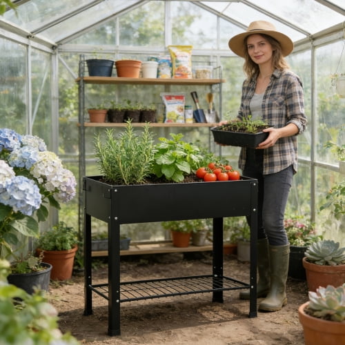 Jardin Surélevé à 2 Niveaux avec Étagères de Rangement, Bac de Culture pour Patio Extérieur, pour Fleurs, Fruits et Légumes