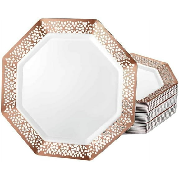 EcoQuality 11 Inches Rose Gold Octagon Plastic Dinner Plate Octagon Design – Elegant Disposable Dinnerware for Weddings, Parties, and Events – Durable, Stylish, and Reusable Tableware (10)