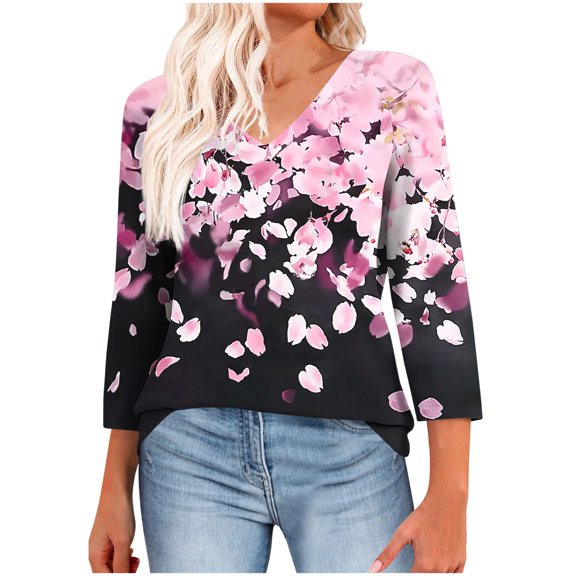 Jsaierl 3/4 Sleeve Womens Tops Plus Size V Neck Shirts Cute Print Ladies Blouses Flowy Elegant T-shirts Raglan Top S-3XL