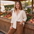 thumbnail image 4 of Satingcolo Linen Pants Women Wide Leg Ruffle Hem Pull On High Waisted Elastic Waist Cropped Ankle Casual Beach Summer Pants Brown L, 4 of 8