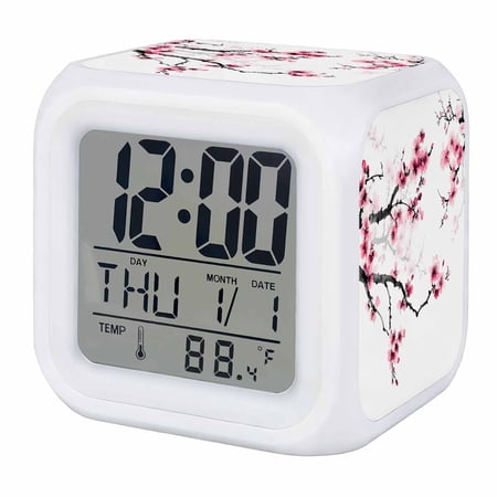 Cherry Blossoms Digital Alarm Clock for Bedrooms, Smart LED Alarm Clock with 7 Color Changing Night Light, Pink Pastoral Modern Gradient Spring Silent Wake Up Clocks for Sleep Study Cooking 3.2x3.2