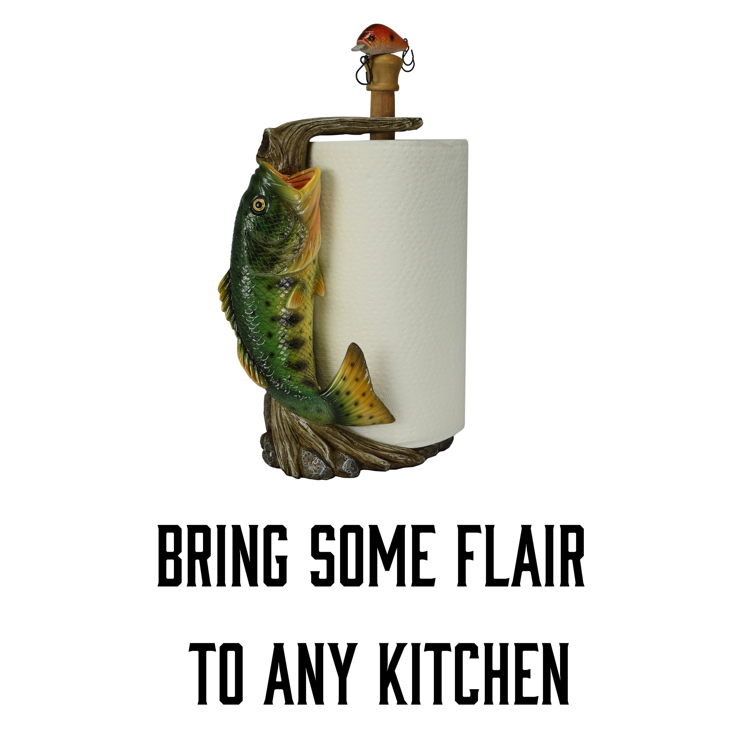 Rivers Edge Products Countertop Paper Towel Holder, Unique Resin and Wood Paper Towel Holder, Novelty Napkin Roll Holder for Counter, Giftable Animal Paper Towel Stand, Largemouth Bass
