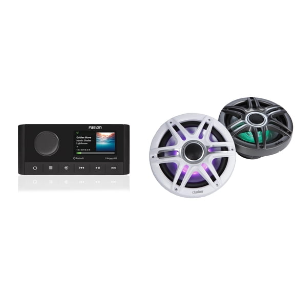 Fusion MS-RA210 Source Unit w/ Clarion CMSP-771RGB-SWG Premium 7.7-inch Coaxial Marine Speakers with built-in RGB illumination ( Includes White & Gray Sport Grilles )