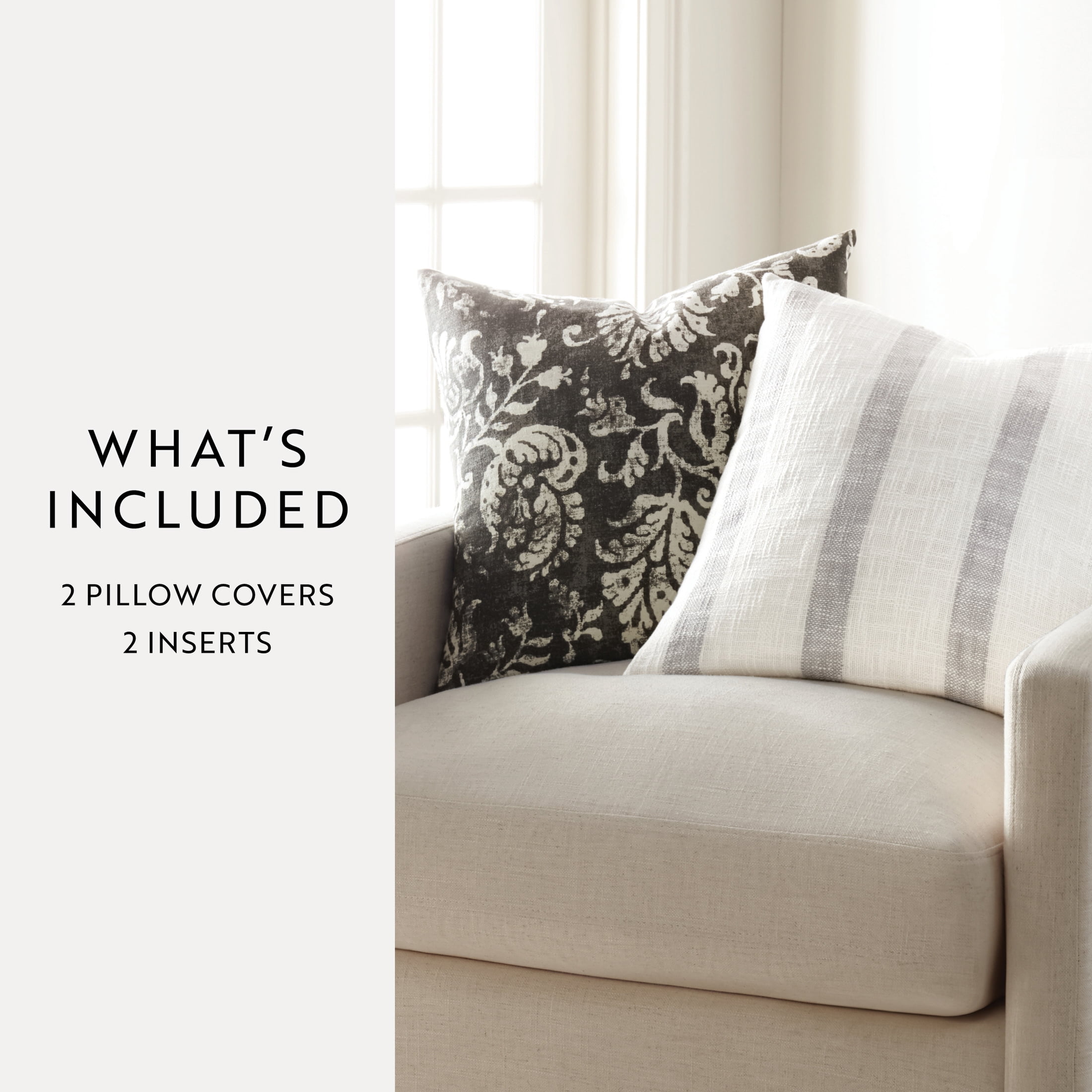 2-Pack Decor Throw Pillows in Yarn-Dyed Awning Stripe / Distressed Floral Patterns by Comfort Canopy