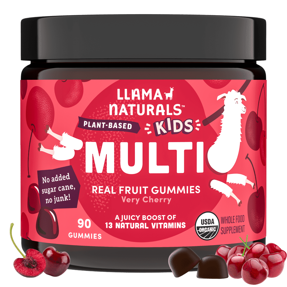Llama Naturals Kids Multivitamin Gummies, Vegan, Organic with Vitamin D, C & K, Toddler Real Fruit Gummy Vitamins, Chewable Supplement, Whole Food Multivitamin, No Added Sugar Cane, Cherry, 90 Ct
