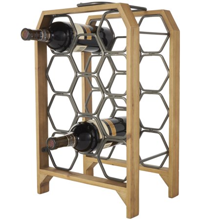 11- Bottle Brown Geometric Wine Rack with Gray Metal Hexagon HoldersDecMode 12 x 20 Brown Wood 11 Slot Geometric Wine Rack with Gray Metal Hexagon Holders 1-Piece