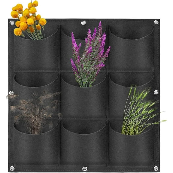 Hanging Planting Grow Bags, 9 Pockets Hanging Vertical Wall Planter Wall Mounted Grow Bag Outdoor Indoor Gardening Vertical Greening Flower Container, Planting Bags Storage Bags(0.5 m × 0.5 m, Black)