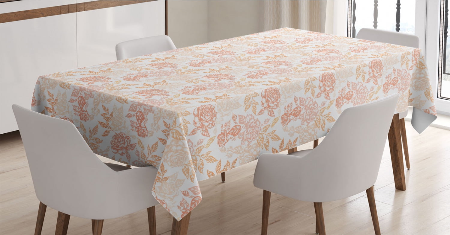 52 X 70 Ambesonne Vintage Rose Tablecloth Continuous Rosebuds Flower Leaves Blossom Illustration Rectangular Table Cover for Dining Room Kitchen Decor Peach Pale Peach White