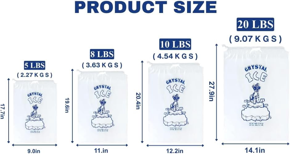 8/10/20 LB Ice Bags with Drawstring, 100 Pack Heavy-Duty Reusable Ice Bags, 1.30 Mils Thick for Ice Machine, Freezer Storage