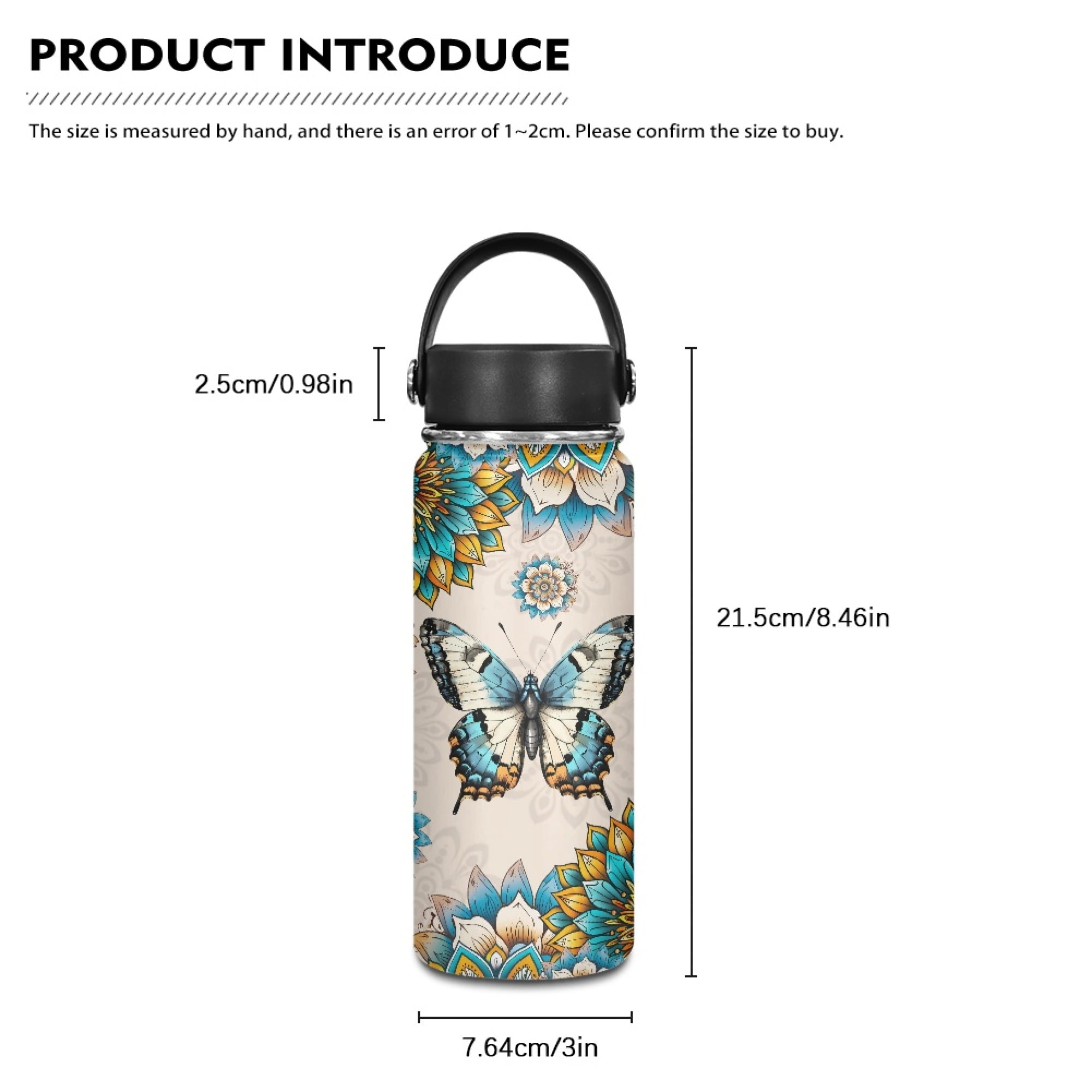 SEANATIVE 20oz Insulated Water Bottle Boho Mandala Butterfly Stainless Steel Double-Walled Canteen for Cold Drinks for Hot Beverages Vacuum Insulated Reusable Bottle