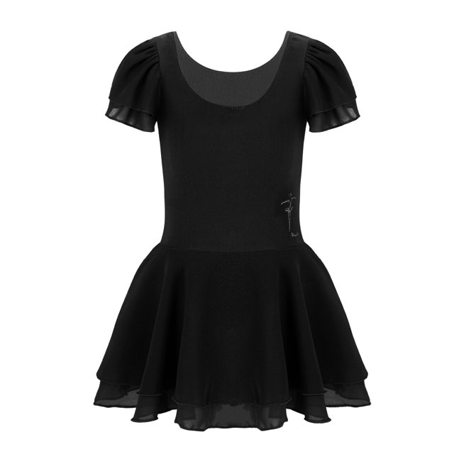 Oyolan Justaucorps de Gymnastique à Manches Courtes à Volants pour Filles, Robe Tutu Basique pour Danse de Ballet, Noir 3-4