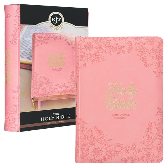KJV Holy Bible, Standard Size Faux Leather Red Letter Edition Thumb Index, Ribbon Marker, King James Version, Pink Floral Zipper Closure