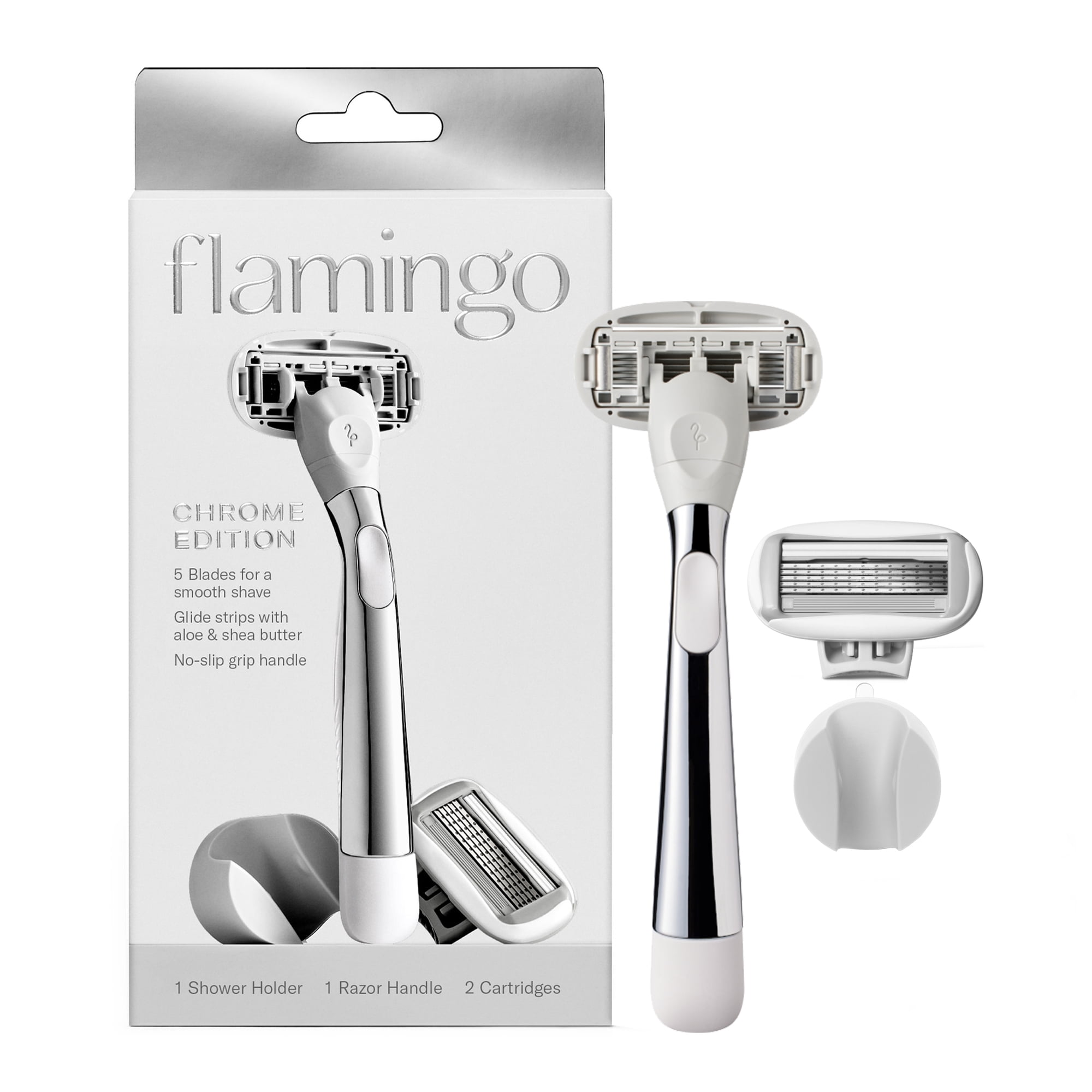 Flamingo Women's Shaving Set with Razor Handle and 5-Blade Razor Cartridges, Chrome, 4 Piece