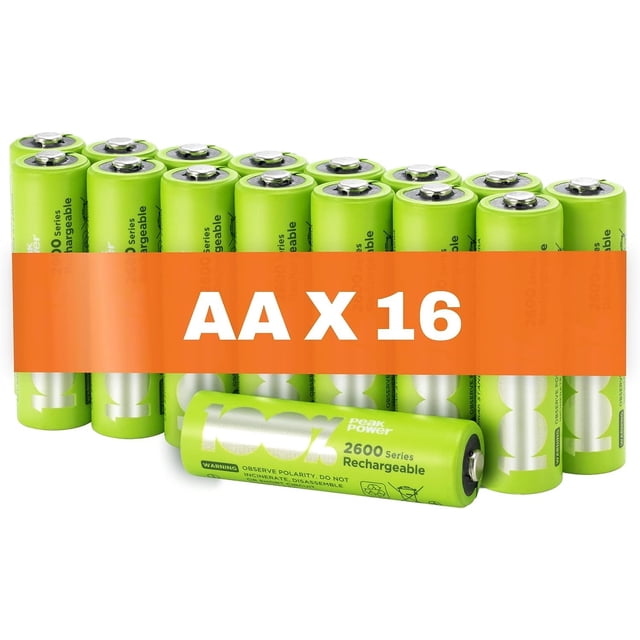 100%PeakPower x16 Pilas Recargables AA 2600 mAh 16 Unidades | Capacidad mínima Garantizada 2300 mAh NiMH | Pilas AA Recargables Que Vienen precargadas Listas para Usar | Bajo Nivel de autod
