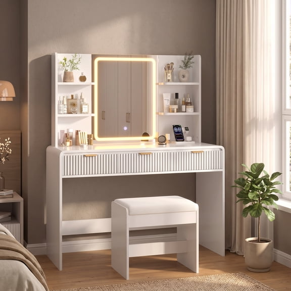 Fluted Vanity Desk with Large Mirror and Adjustable LED Lights, 3 Drawers Makeup Vanity Table with Stool, Power Outlet | 3 Color Touch Control Light,4 Shelves,for Women and Girls, White