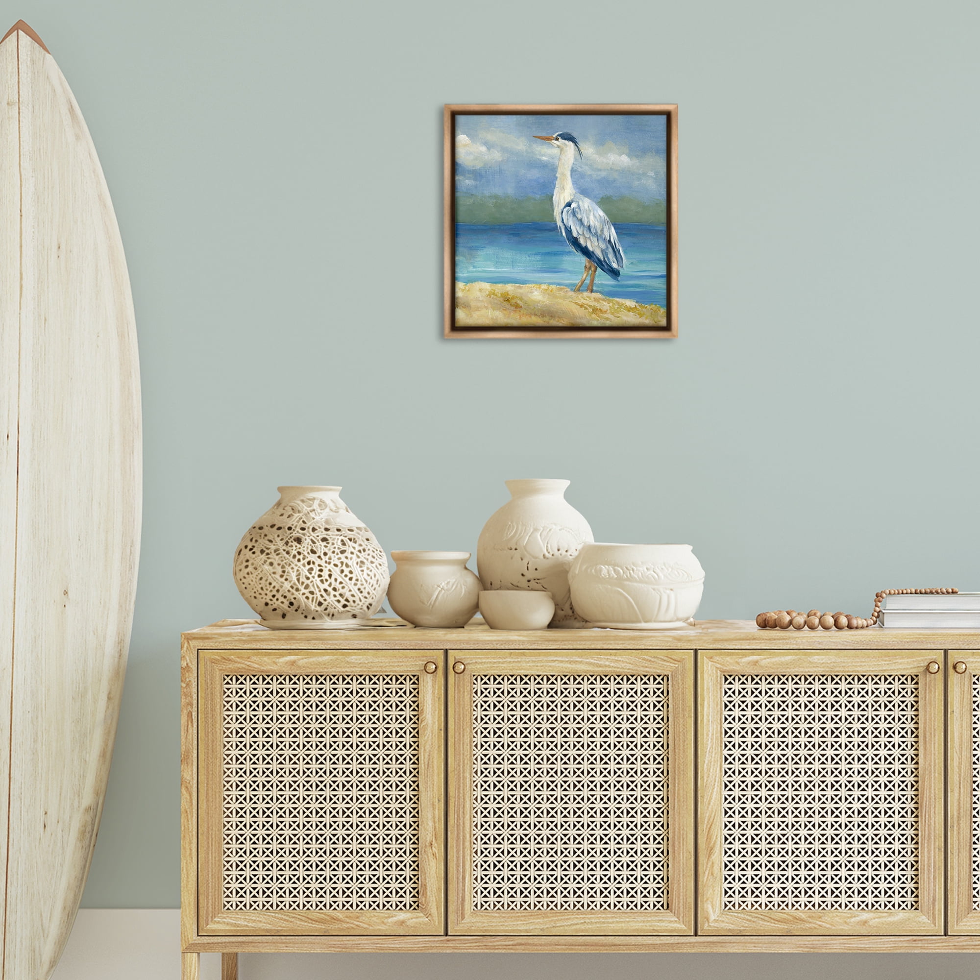 Stupell Industries Heron on Cloudy Beach Nautical & Beach Painting Brown Floater Framed Canvas Art Print Wall Art, 18 x 18