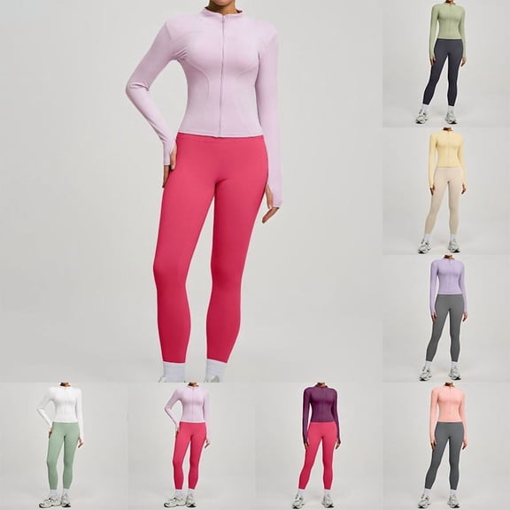 Uobin Women 2 Pieces Yoga Set Slim Fit Full Zip Athletic Jacket with Thumb Holes High Waisted Leggings for Workout Fitness